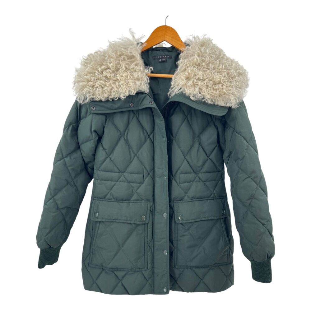 Theory Jacket Quilted Down Puffer Lamb Fur Trim Forest Green Size S